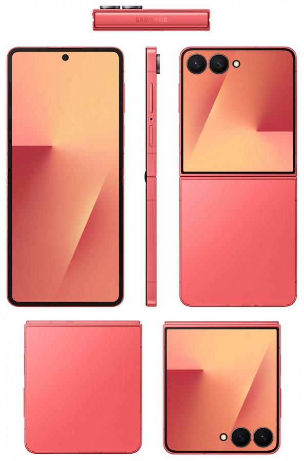 Renders do Galaxy Z Flip 7 Coral Red em vários ângulos