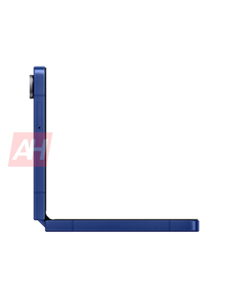 Lateral do Galaxy Z Flip 7 azul meio fechado