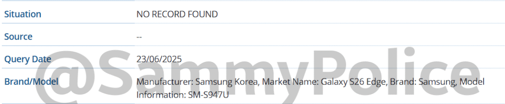 Galaxy S26 Edge SM-S947U no banco de dados IMEI da GSMA