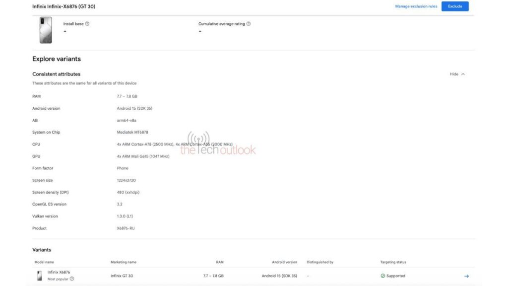 Informações do Infinix GT 30 no Google Play Console, conforme descrito na matéria