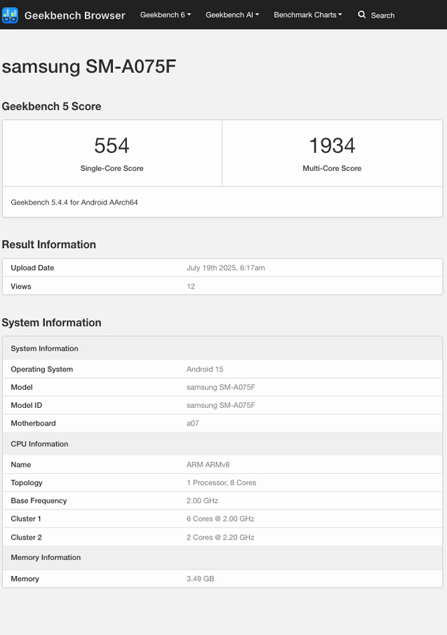 Resultado de teste do Galaxy A07 no Geekbench; informações são descritas na matéria