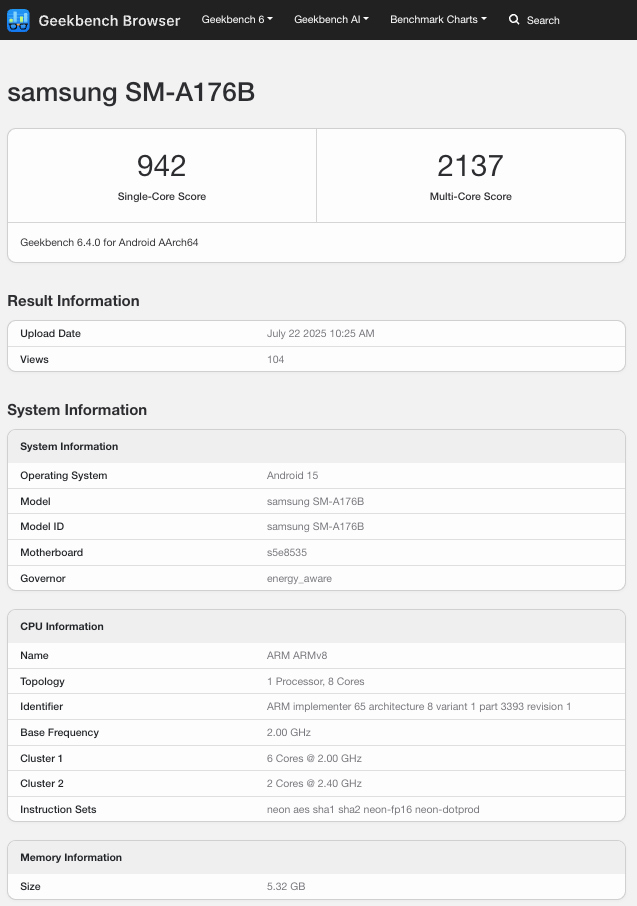 Resultado de teste do Galaxy A17 5G no Geekbench; informações são descritas na matéria