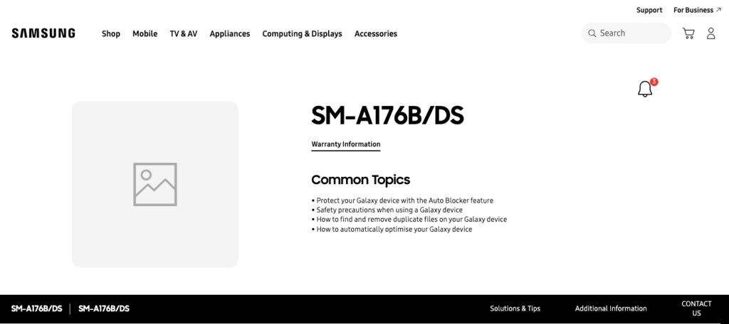 Página de suporte do Galaxy A17 5G no site da Samsung da Índia