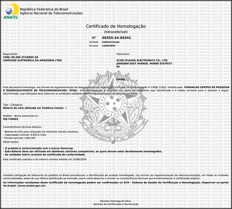 Certificação da bateria modelo HQ-7160SS, usada no Galaxy A07. Capacidade nominal de 4.855,0 mAh e tensão nominal de 3,88 V