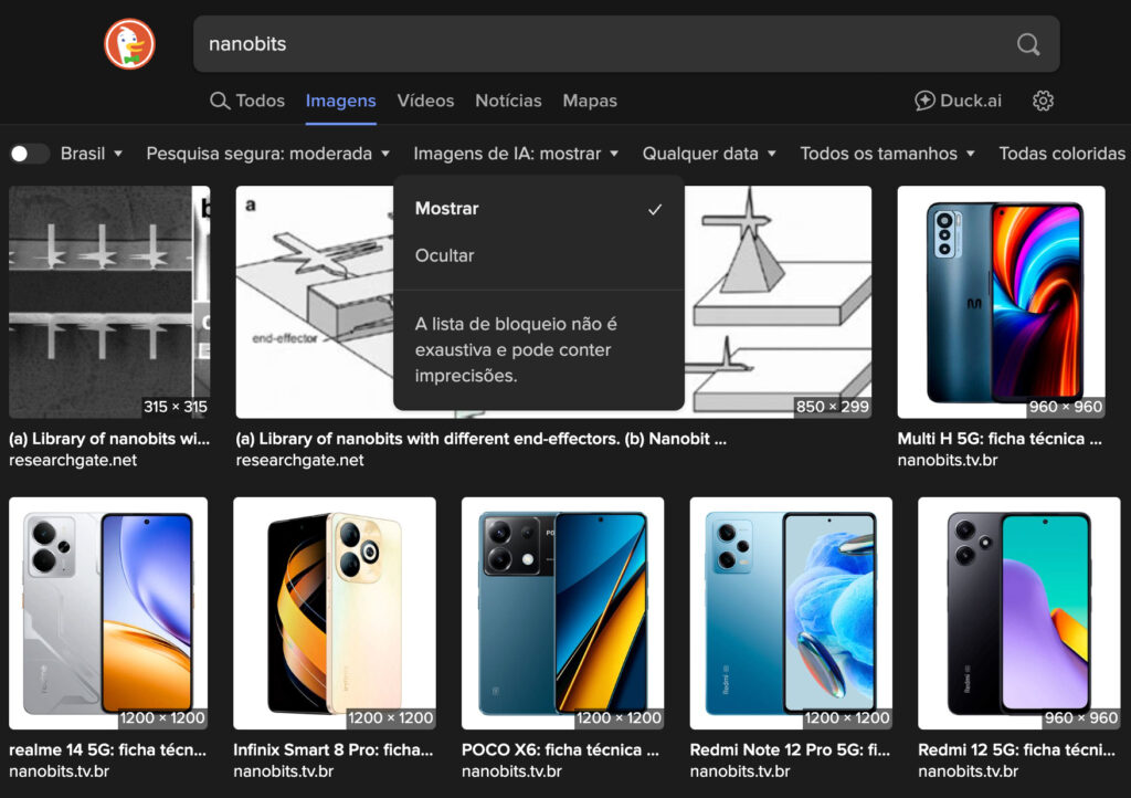 Busca no site FuckDuckGo por 'nanobits' com resultados de imagens e a opção de filtro de IA destacada