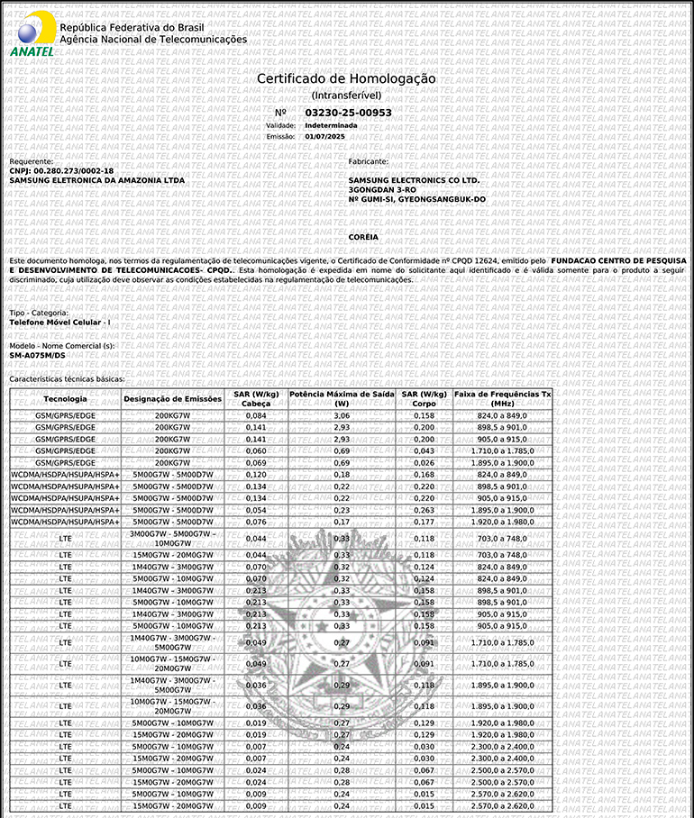 Certificado de homologação do telefone móvel celular SM-A075M/DS, da Samsung, na Anatel