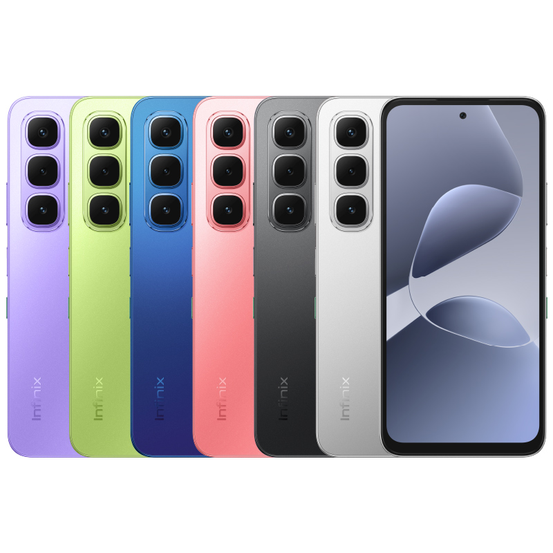 Infinix Hot 60i em todas as cores: roxo, verde, azul, vermelho, preto e cinza
