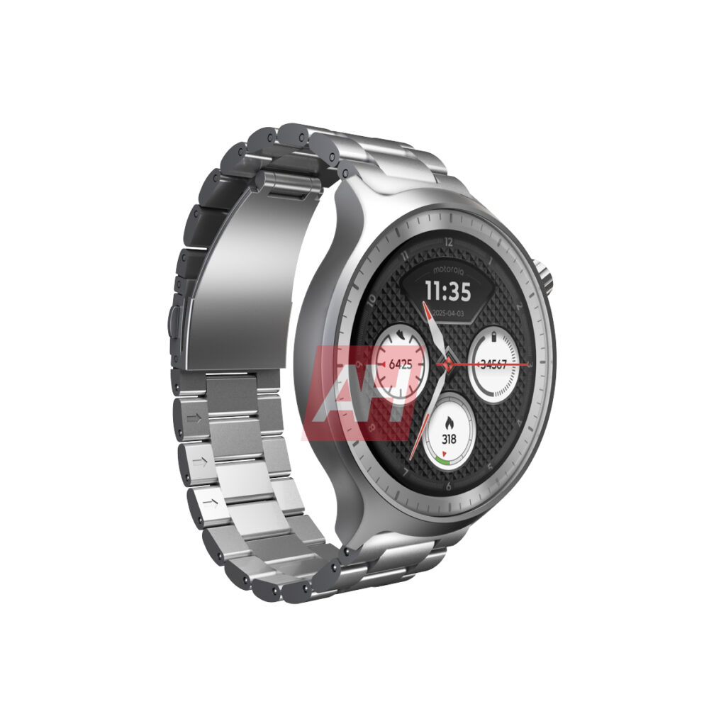 Renderização de um relógio inteligente com caixa redonda e pulseira de aço inoxidável