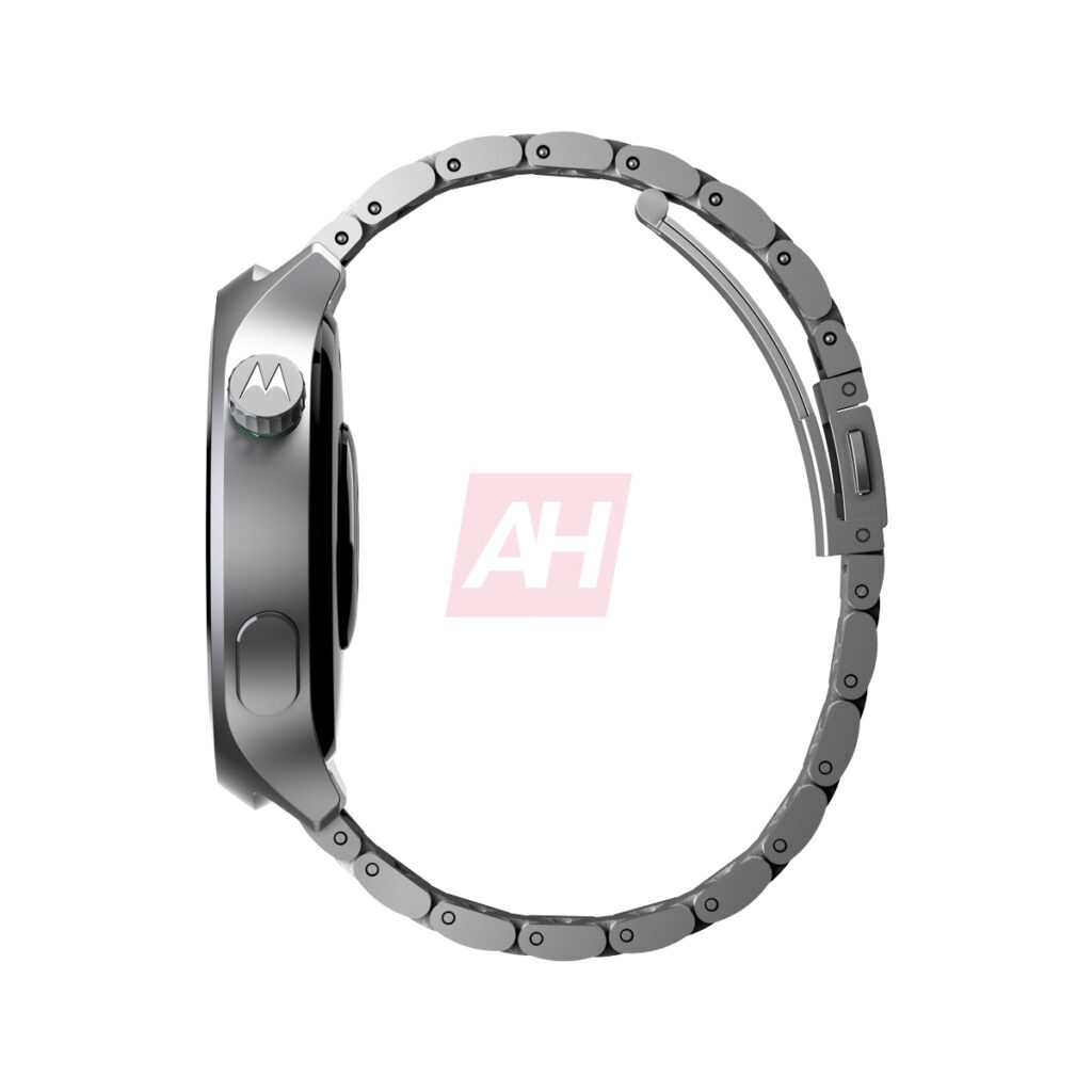 Renderização de um relógio inteligente com caixa redonda e pulseira de aço inoxidável