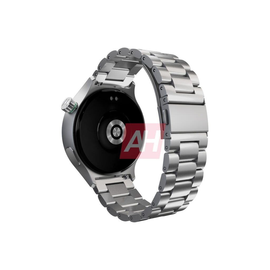 Renderização de um relógio inteligente com caixa redonda e pulseira de aço inoxidável