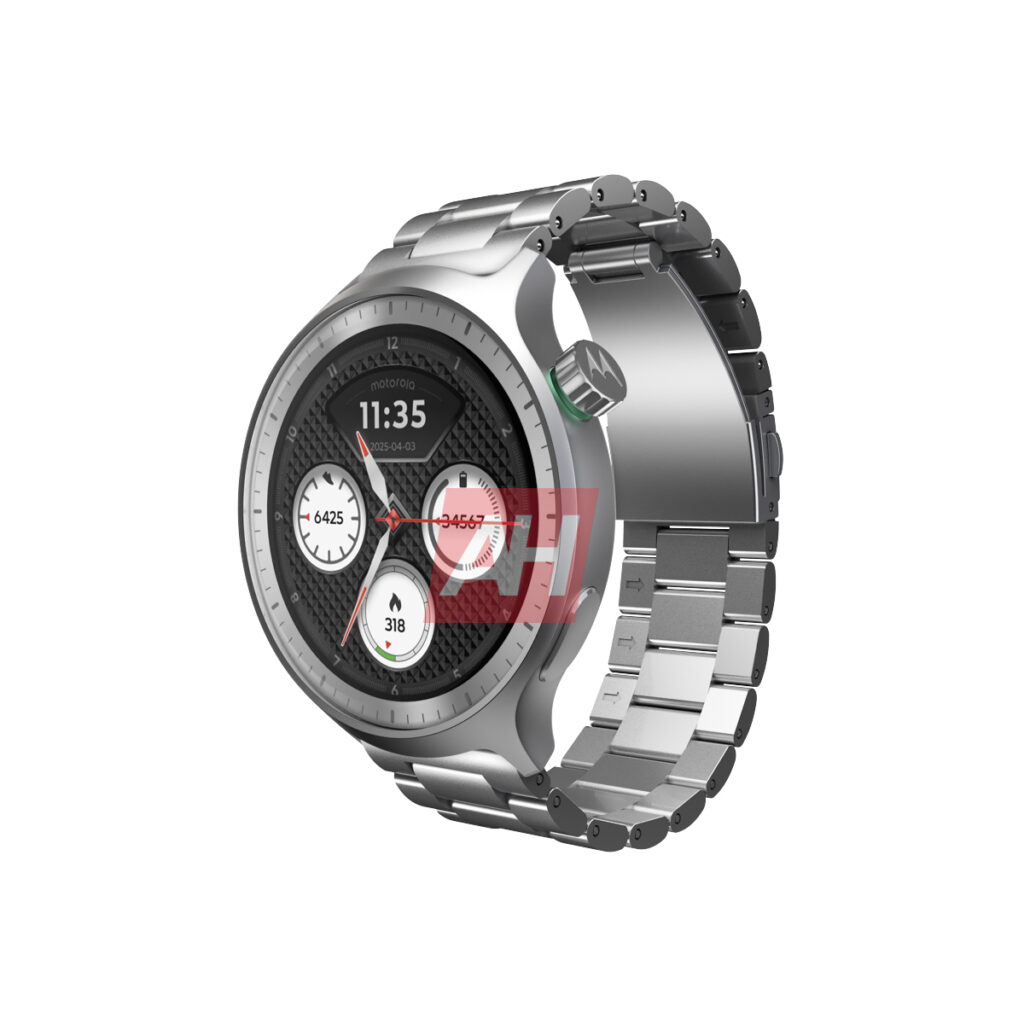 Renderização de um relógio inteligente com caixa redonda e pulseira de aço inoxidável