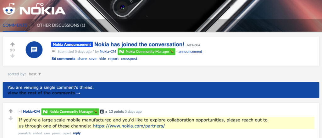 Publicação no subreddit da Nokia afirma que a empresa está à procura de parceiros para fabricar seus smartphones