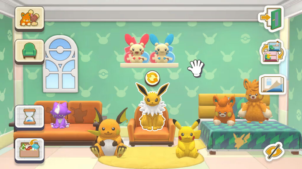 Pokémon de pelúcia feitos de lã enfeitam um ambiente virtual