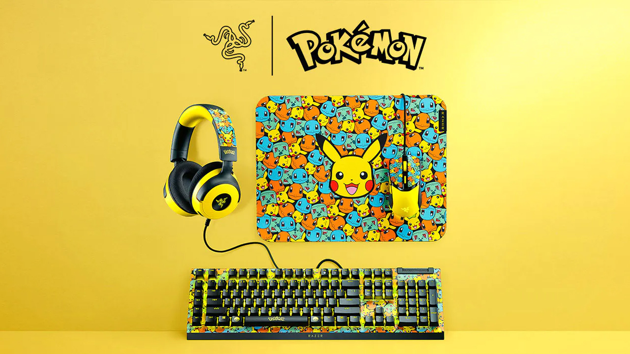 Coleção Razer | Pokémon tem periféricos que unem as cores preto e amarelo com imagens do Bulbassauro, Charmander, Pikachu e Squirtle