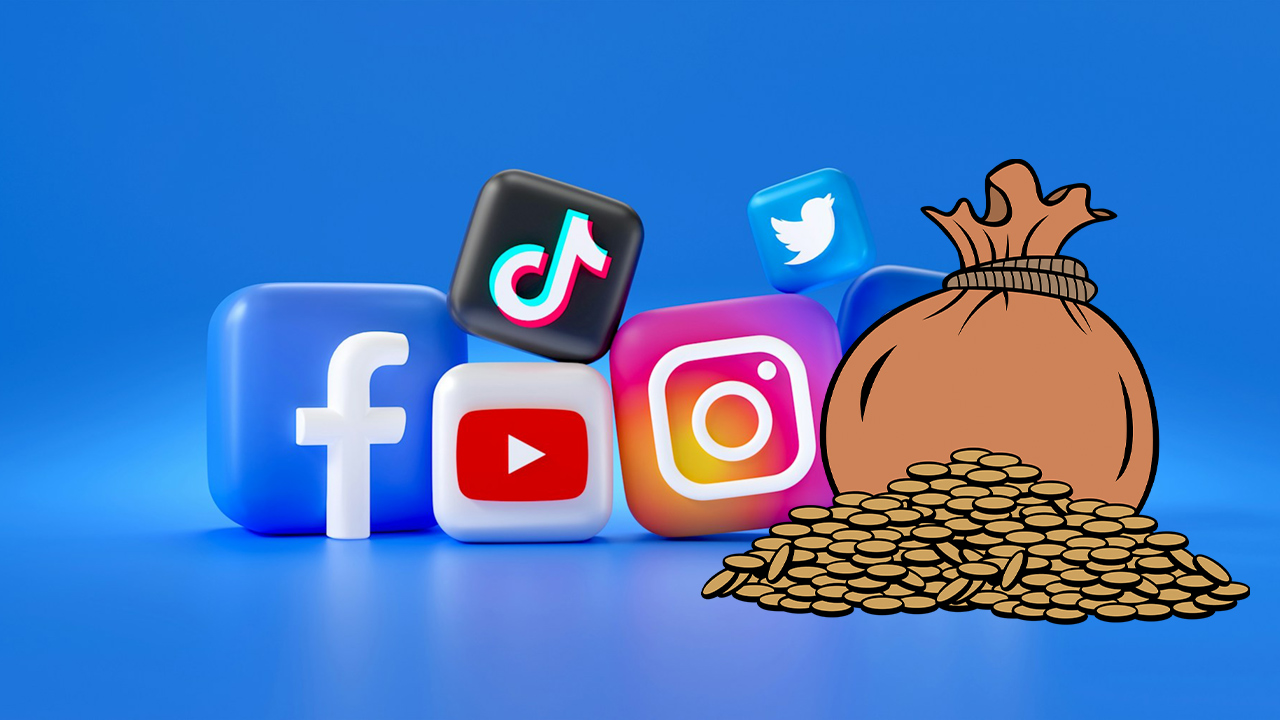 Cubos com ícones de redes sociais como Facebook, TikTok, Instagram e Twitter com um saco cheio e moedas ao lado. O saco e as moedas são desenhados