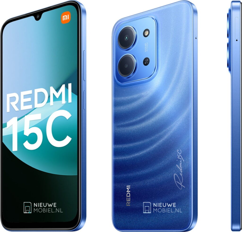 Redmi 15C na cor azul: tela, traseira e lateral