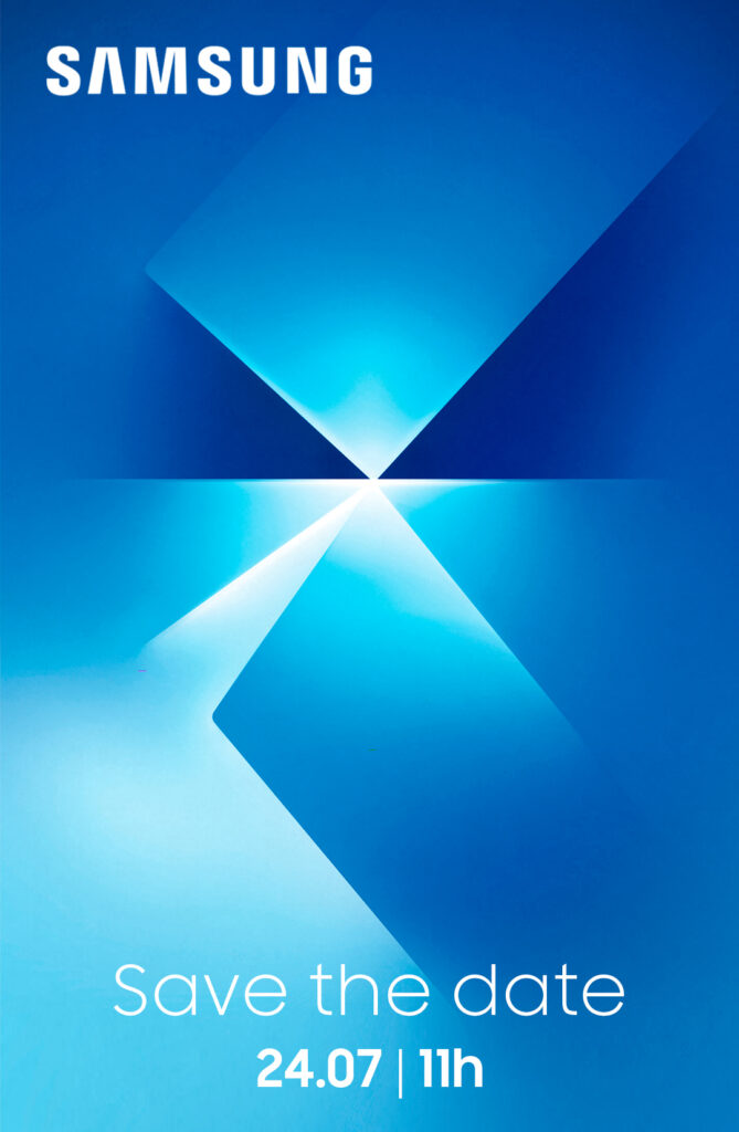 Save the Date de um evento da Samsung em 24 de julho, às 11h. O convite tem uma ilustração que parece um celular dobrável espelhado, mas apenas o de baixo está ligeiramente aberto