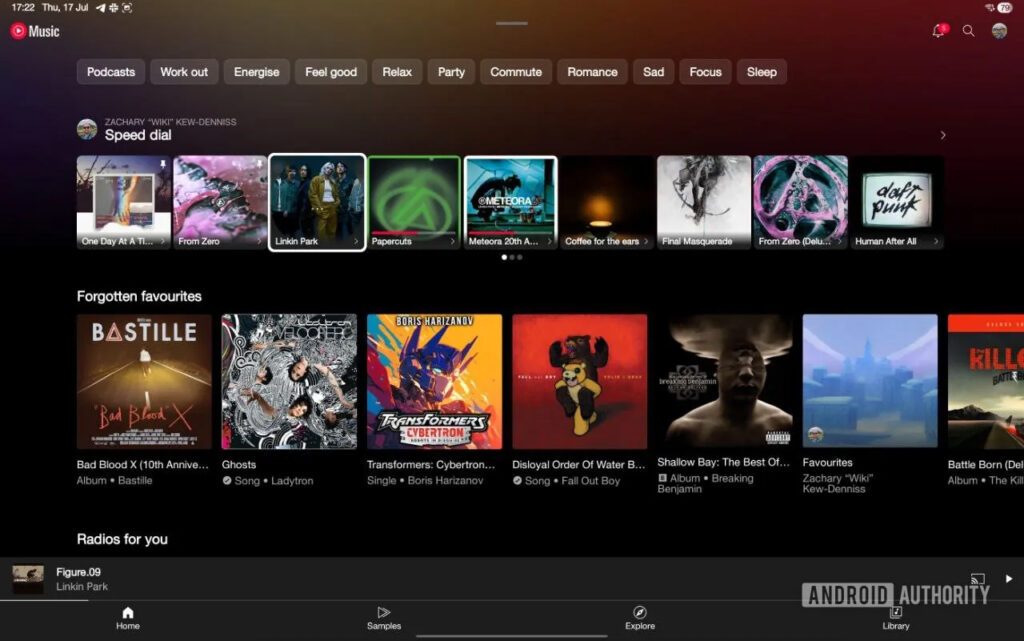 Tela inicial do YouTube Music em um computador