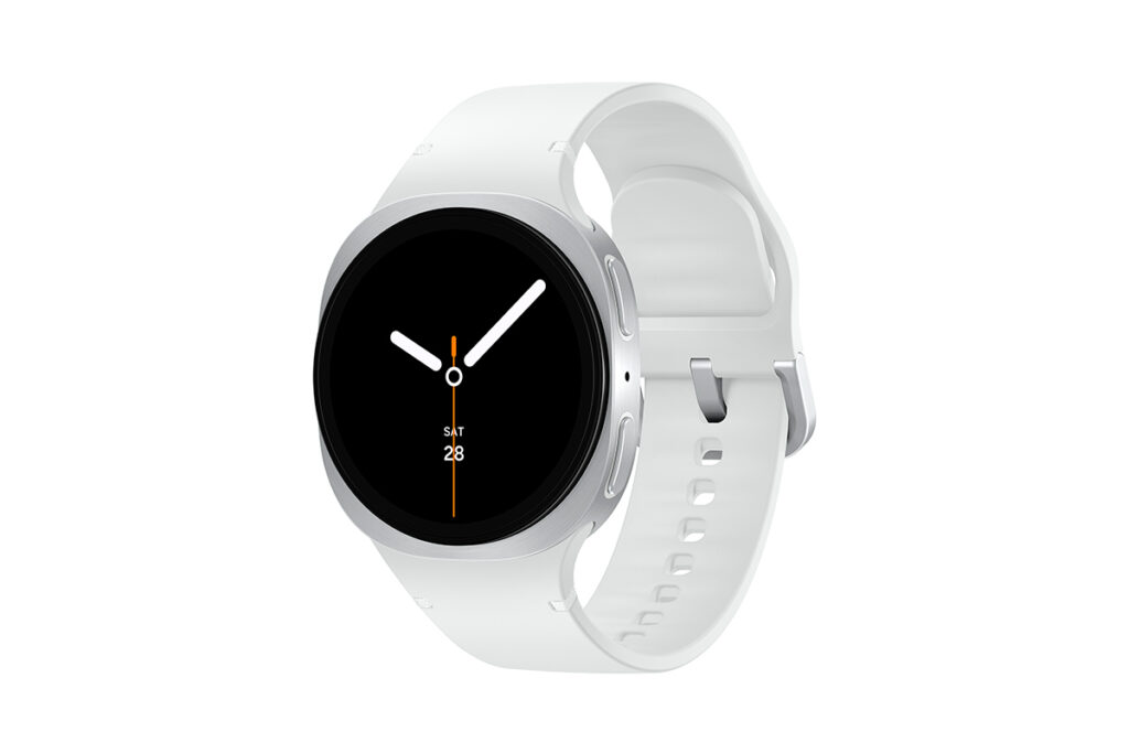 Samsung Galaxy Watch 8 branco virado para a direita