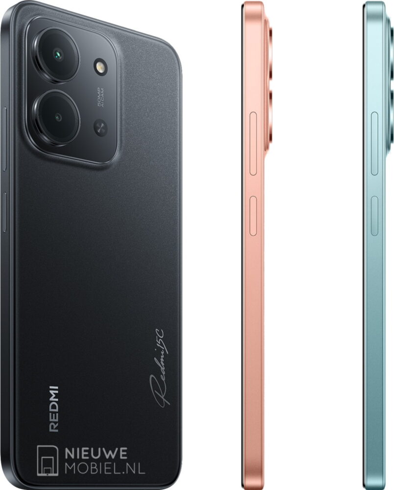 Redmi 15C com a traseira da versão preta e lateral do laranja e do verde