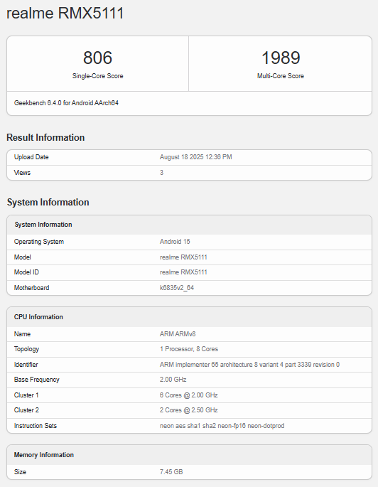 Realme RMX5111 (15T) no Geekbench em 18 de agosto
