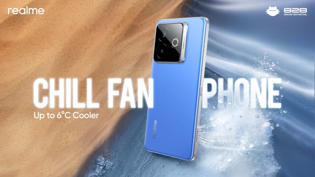 Imagem do Realme Chill Fan Phone, um celular azul parecido com o Realme GT 7