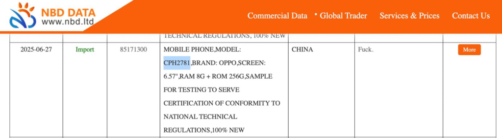 Informações do Oppo A6 Pro 5G no banco de dados NBD