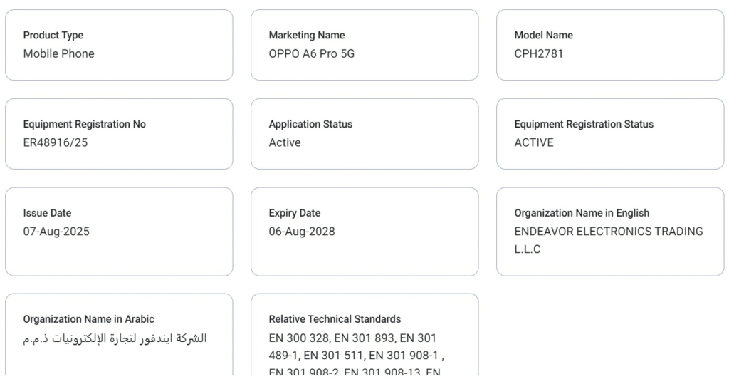 Informações do Oppo A6 Pro 5G no banco de dados TDRA