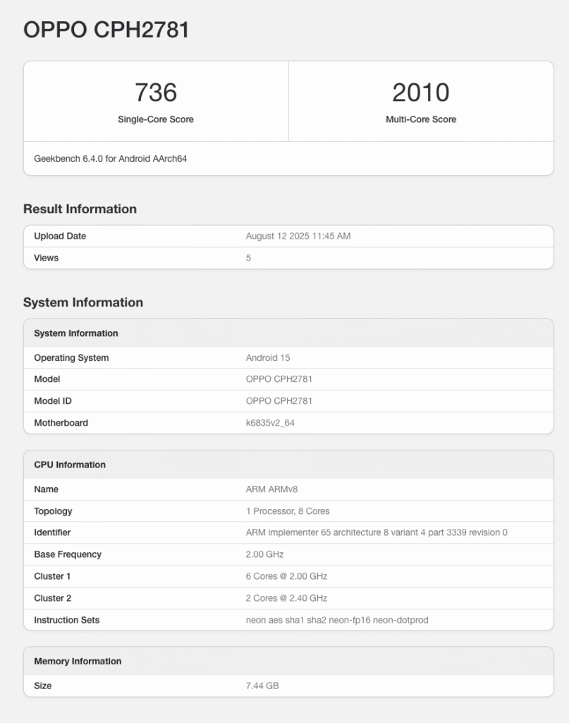 Informações do Oppo A6 Pro 5G no banco de dados Geekbench