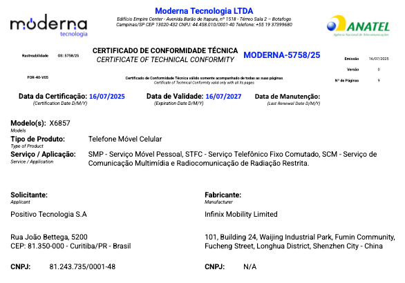 Homologação do Infinix Note 50X na Anatel