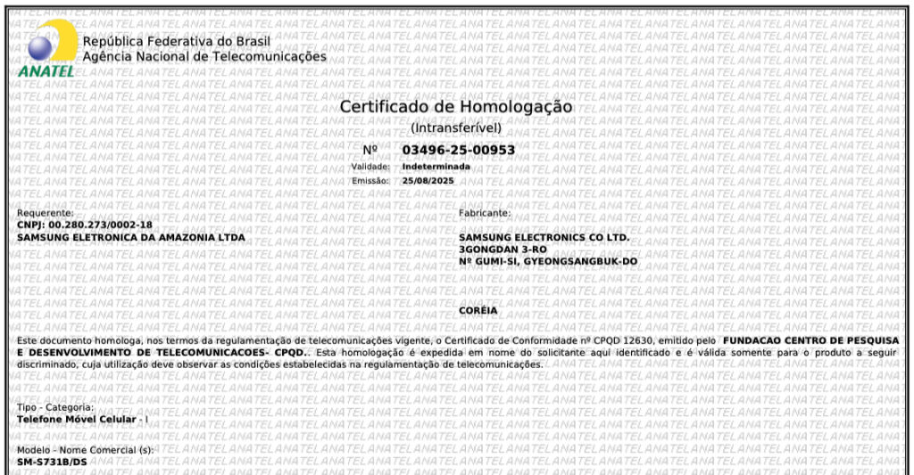 Ceritficado de homologação do Galaxy S25 FE na Anatel