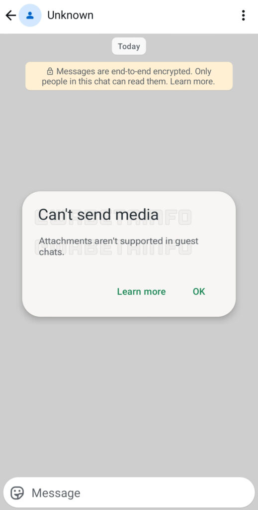 Captura de tela do chat de convidado do WhatsApp, com aviso de mensagens criptografas de ponta-a-ponta e um pop up informando que não é possível enviar mídia