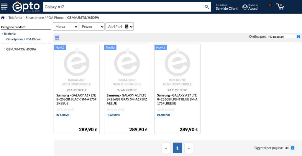 Tela de busca por 'Galaxy A17' no site Epto mostra o Galaxy A17 4G em três opções de cores, conforme descrito na matéria
