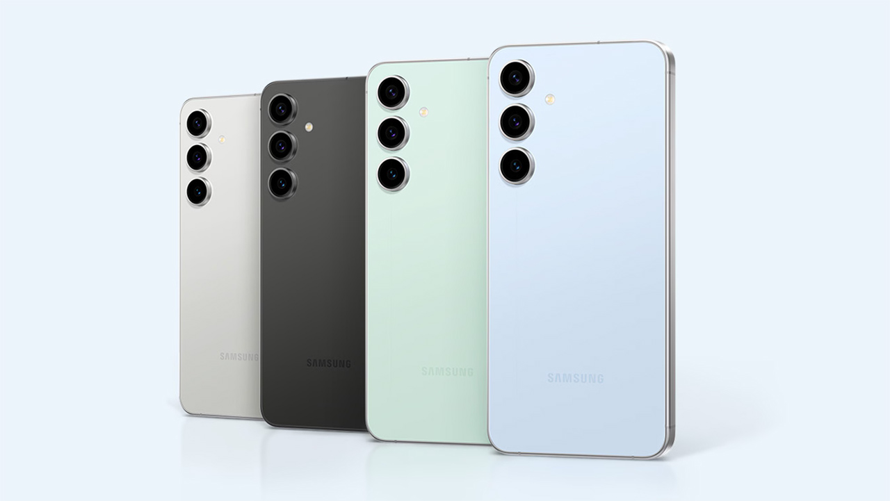 Galaxy S24 FE nas quatro cores: cinza, grafite, verde e azul