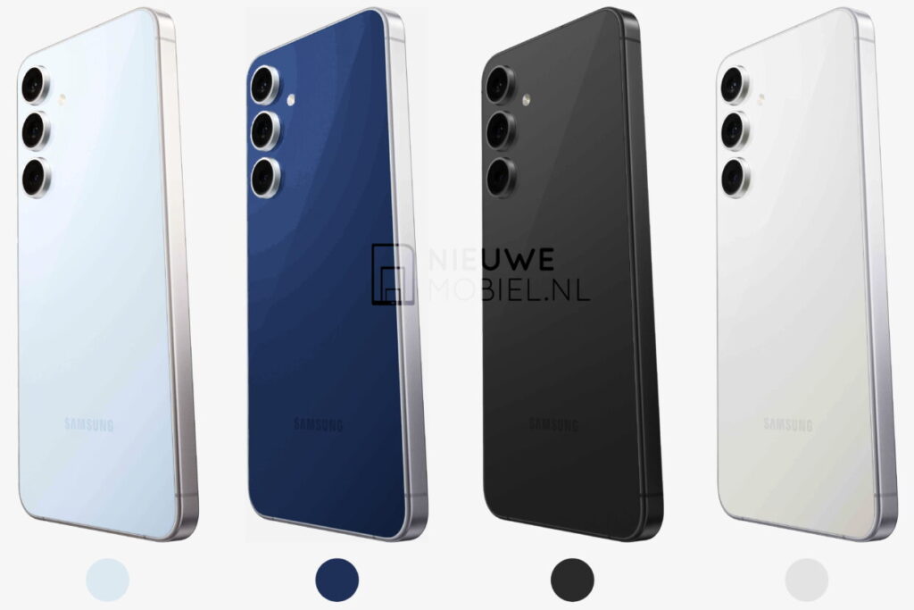 Render do Galaxy S25 FE nas quatro cores vazadas: azul claro, azul escuro, preto e branco