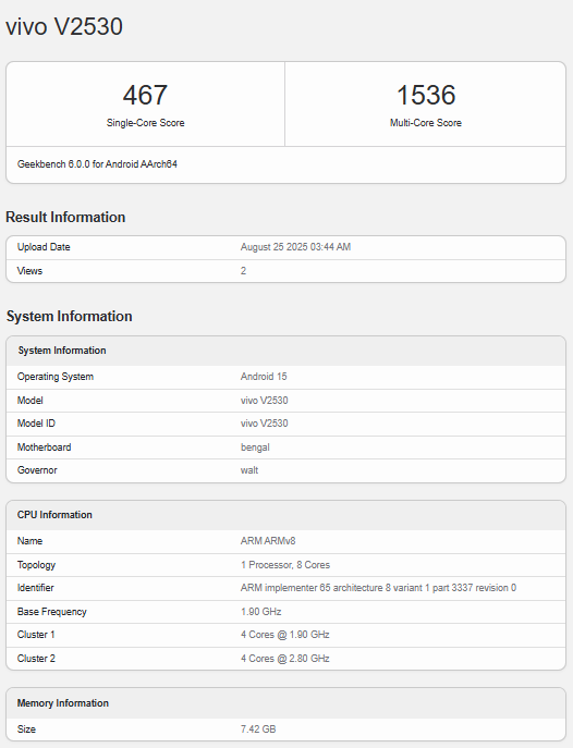 Resultado do Geekbench para o Vivo V2530, possivelmente o V60 Lite 4G