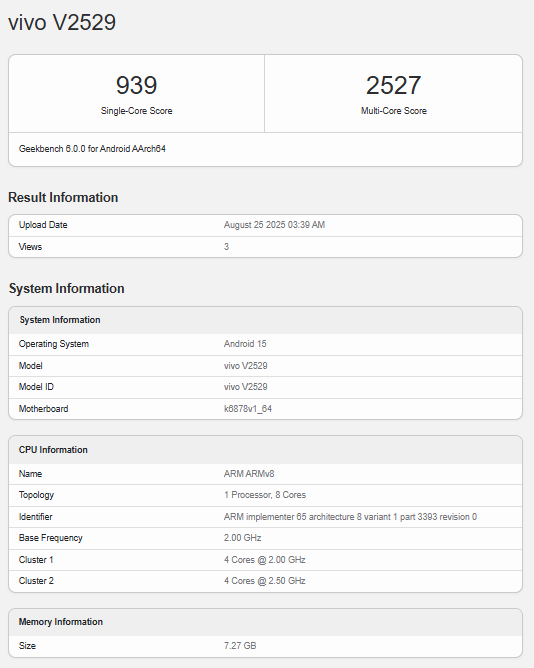 Resultado do Geekbench para o Vivo V2529, possivelmente o V60 Lite 5G