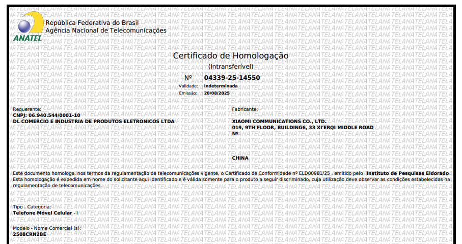 Certificado de homologação do Redmi 15C 5G na Anatel