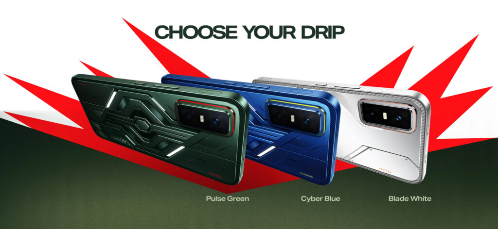 Infinix GT 30 em três cores: branco, azul e verde