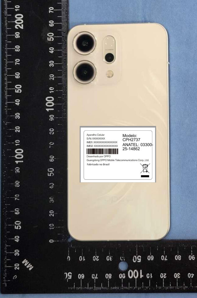 Traseira do Oppo Reno 14 5G na documentação da Anatel