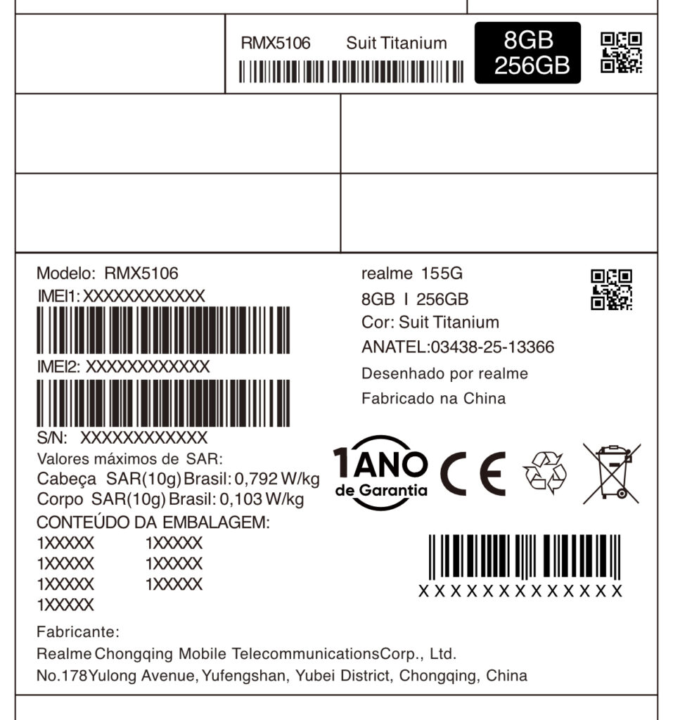 Exemplo da etiqueta do Realme 15 da Anatel, com informações descritas na matéria