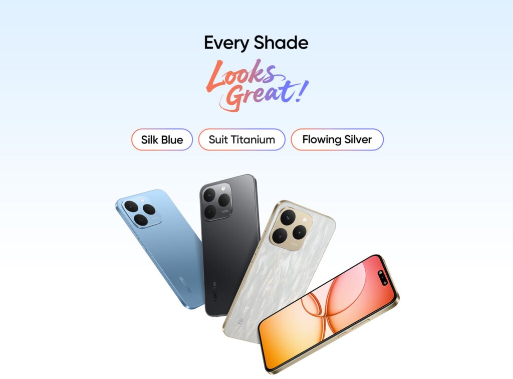 Cores do Realme 15T na Índia Silk Blue Suit Titanium Flowing Silver