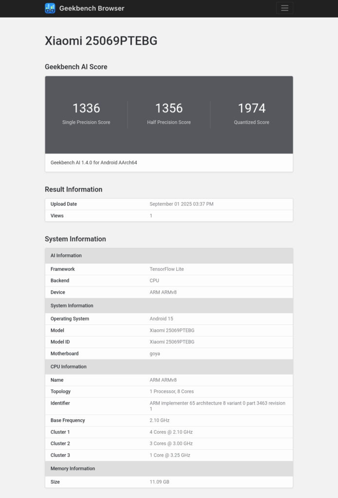 Xiaomi 15T no Geekbench