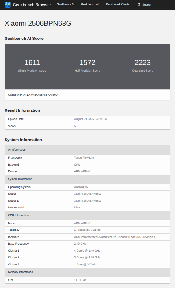 Xiaomi 15T Pro no Geekbench
