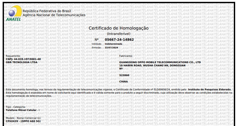 Certificado de homologação do Oppo A80 5G na Anatel
