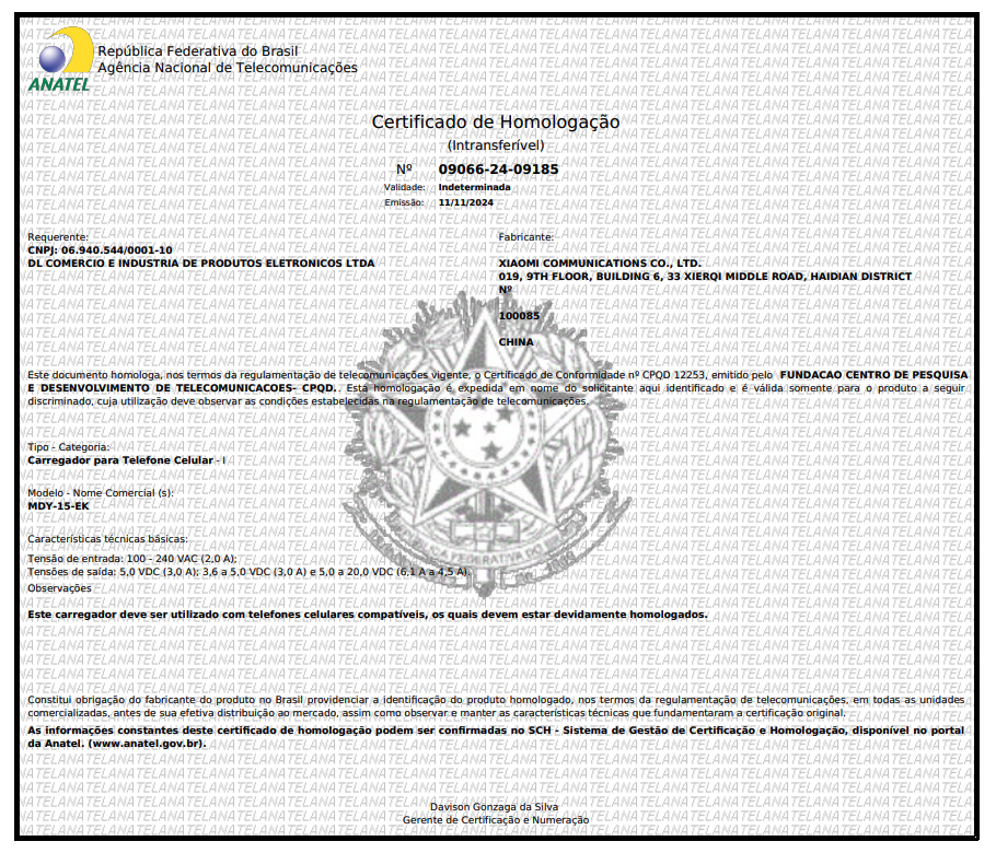 Certificação do carregador do Xiaomi 15T Pro na Anatel