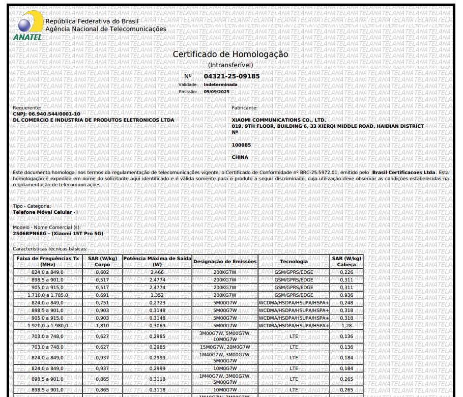 Certificação do celular Xiaomi 15T Pro na Anatel