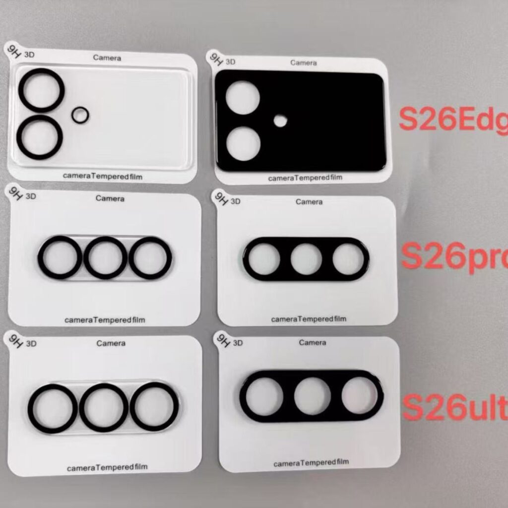 Suposta foto dos filmes protetores das câmeras dos Galaxy S26 Edge, S25 Pro e S26 Ultra