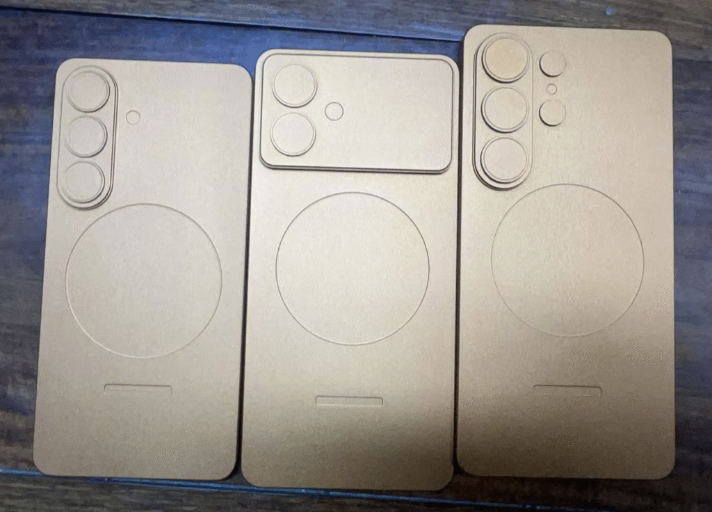 Foto de três dummies de celulares: o da esquerda tem um módulo de câmeras estilo semáforo, enquanto o do meio tem um retângulo que ocupa toda a porção superior da traseira — e só duas câmeras. O da direita tem o módulo estilo semáforo com mais dois sensores ao lado, menores e alinhados com os dois círculos superiores. Todos ainda possuem um círculo centralizado, possivelmente para uma conexão magnética de carregamento por indução