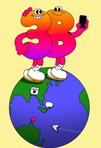 Um 3B antropomorfizado segura um celular em cima do mundo